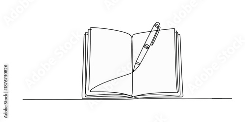 Minimalist continuous line art illustrating an open book accompanied by a writing pen