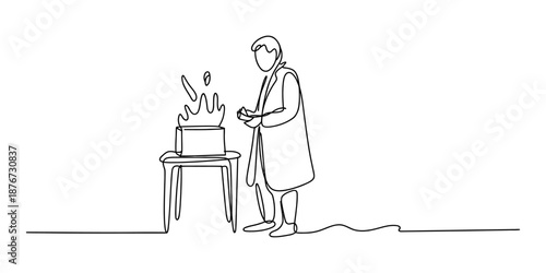Hindu priest performing sacred fire ritual in continuous one line art style