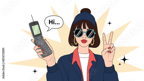 Stylish woman wearing sunglasses and a blue beanie holds an old school flip phone while making a peace sign gesture against a star background.