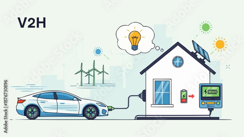 Vehicle to Home V2H System Charging Electric Car and Powering House.