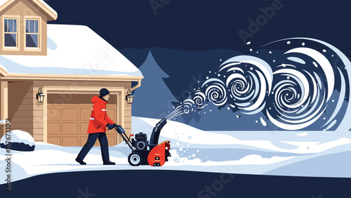 Man wearing a red winter jacket uses a powerful snow blower to clear a thick layer of white snow from his driveway in front of his garage.