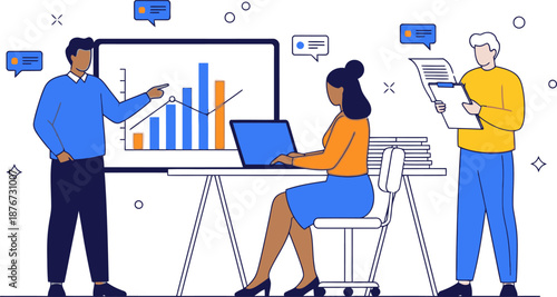 Business team presenting financial data and collaborating on project tasks