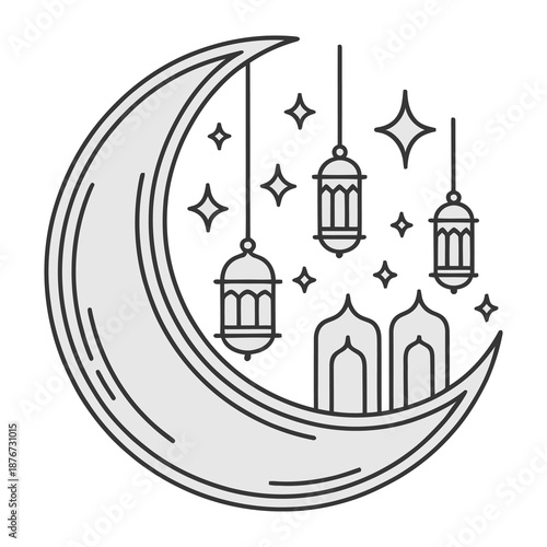 Lunar Serenity: An artistic depiction of a crescent moon adorned with stars and hanging lanterns, and elements of an aesthetic mosque outline, alluding to themes of spiritual reflection and serenity.