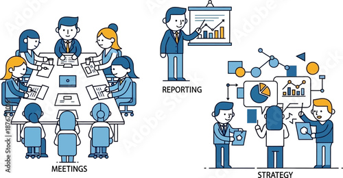 Business meetings and strategy development with professional team collaboration