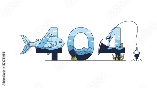 Creative illustration for a website four zero four error page features a large fish and a fishing float in an underwater ocean environment.
