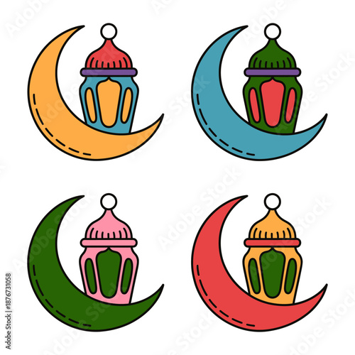 Islamic Lanterns on Crescent Moons: A set of colorful illustrations presents traditional Islamic lanterns delicately perched upon crescent moons.