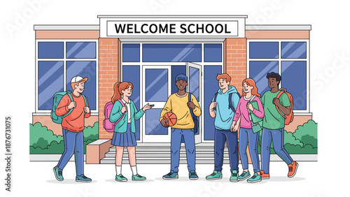 Group of diverse students with backpacks stand and talk in front of the main entrance of a school building on a bright and sunny day.