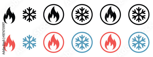 Snowflake and fire icon set, featuring hot and cold symbols, clean modern vector style, ideal for seasonal branding, weather indicators, digital illustration, and graphic design projects.
