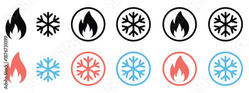 Snowflake and fire icon set, showcasing detailed hot and cold vector symbols in a clean modern style, perfect for seasonal design, branding, and digital illustration projects, flat vector graphics 