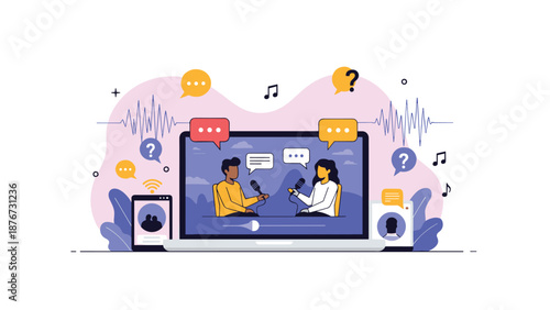 Concept of digital podcasting is shown on a laptop screen featuring two people talking into microphones surrounded by various audio icons.