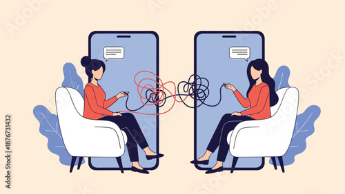Two women sit in armchairs and communicate using smartphones with tangled lines between them representing complex and messy conversations.