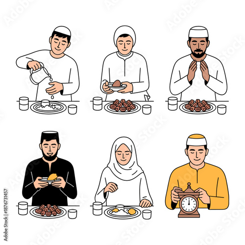 Muslims Breaking Fast: A collection of illustrations depicting Muslim individuals preparing for or participating in the Iftar feast. Capturing the spirit of unity and devotion during Ramadan.