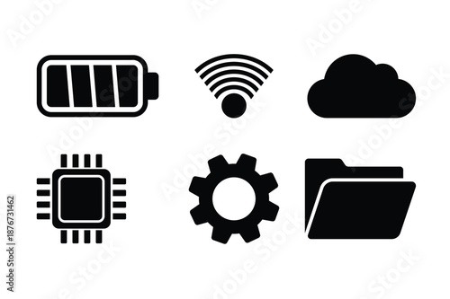 Modern technology icons set with battery wifi cloud processor settings gear and folder symbols vector illustration