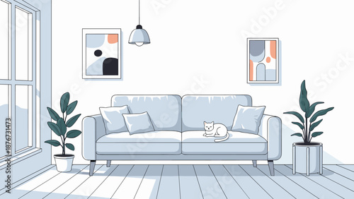 Bright and minimalist living room interior features a large white sofa with a cat sleeping on it, surrounded by plants and abstract artwork.