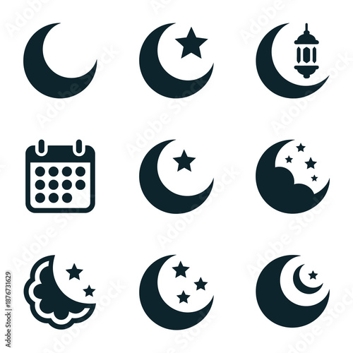 Moon Icon Set: An assortment of crescent moon icons, symbolizing celestial events and nighttime beauty, along with stars and lanterns, arranged against a clean backdrop. 