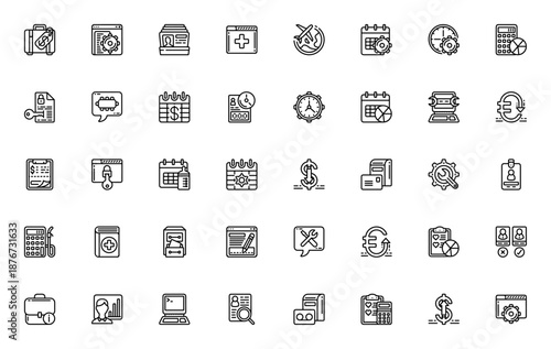 Admin_2538 icon set. Business vector icons pack. Includes symbols for travel, calendar, budget, health, employee, system and more. Editable thin line icons.