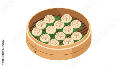 Traditional chinese dim sum dumplings are arranged neatly inside a bamboo steamer basket on green leaves for an authentic culinary experience.