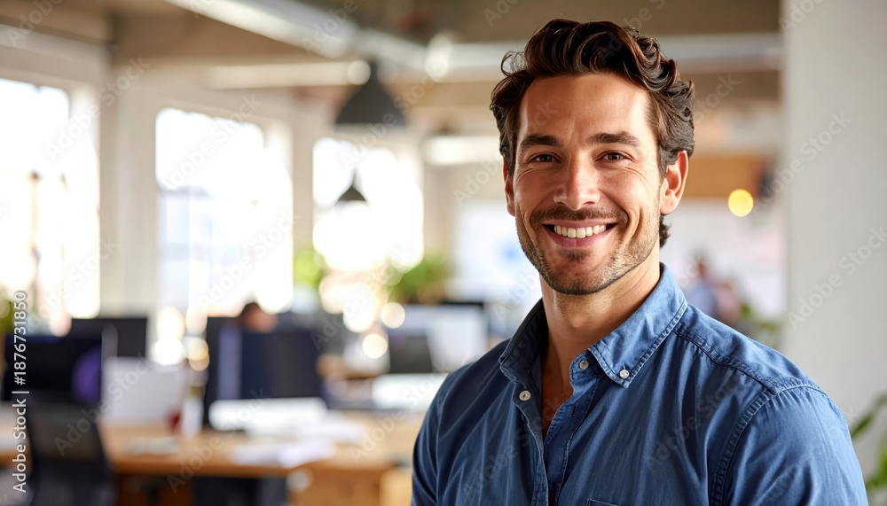 Fototapeta premium Confident young business professional smiling in modern office environment with bright natural light and open workspaces creating an inviting atmosphere