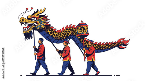 Traditional performers carry a vibrant and decorative chinese dragon during a festive celebration or cultural parade against a white background.