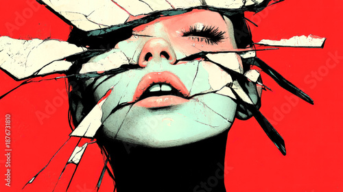 Broken face of woman, emotional trauma and identity loss concept