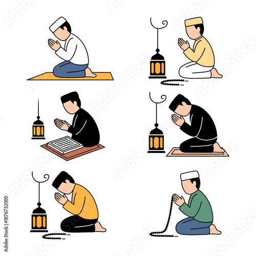 Praying Muslim in Line Art: Capturing the essence of spiritual devotion, this image showcases a series of praying Muslim figures in various poses, emphasizing faith and reverence.