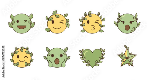 Collection of funny cartoon bonsai trees with various emotions