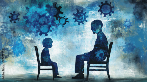 Conceptual illustration of child and adult in autism therapy