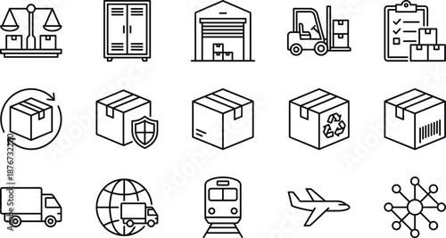 Set of fifteen logistics and supply chain line icons featuring global shipping distribution warehouse storage freight transport delivery trucks and international cargo management symbols