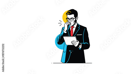 Concerned businessman in a formal suit coughs while holding a digital tablet representing illness or health issues in a work environment.