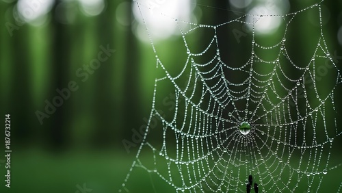 Intricate spider web covered in dew drops in a lush green forest
