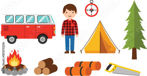 Camping adventure elements set with camper van tent and outdoor equipment flat vector illustration design