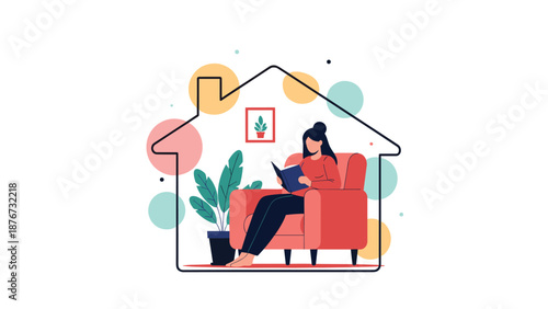 Peaceful woman sits in a red armchair reading a book inside a minimalist house outline surrounded by colorful abstract circles.
