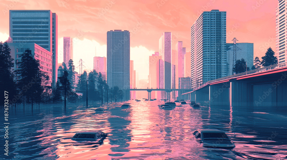 Fototapeta premium Flooded cityscape depicting sea level rise and climate impact