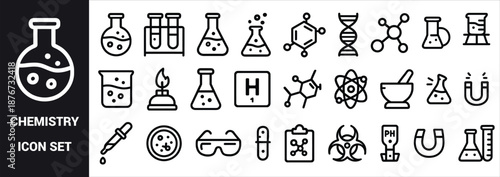 Chemistry science laboratory equipment icons set vector
