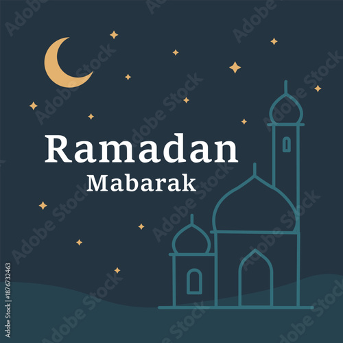 Ramadan Mubarak Mosque Line Art with Crescent Moon and Starry Sky