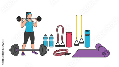 Athletic woman performs weightlifting exercises surrounded by various gym equipment including dumbbells, mats, and resistance bands.