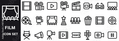 Collection of black and white line art icons representing cinema and film production movie