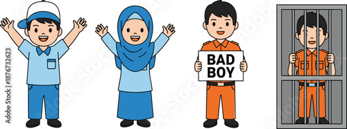 Children behavior concept showing good kids and bad boy punishment flat vector illustration for education design