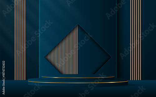 Blue podium with elegant golden lines with brown slatted backdrop for advertisement display. Display of cosmetic products. stage or podium. vector illustration