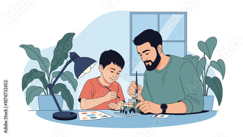 Caring father helps his young son with a creative craft project or model building at a desk with a lamp and indoor plants nearby.