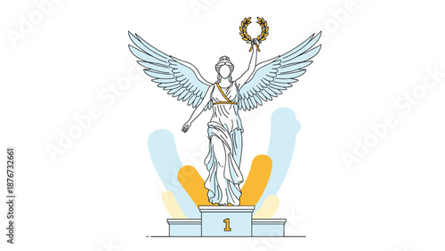 Greek goddess of victory nike stands on a first-place winner podium holding a laurel wreath to symbolize success and achievement.