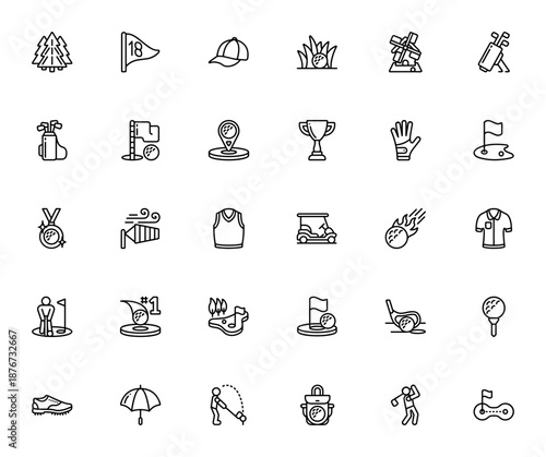 Golfing icon set. Vector illustration pack featuring golf ball, bag, cart, trophy, swing, birdie, hole in one, golfer, trees and more. Minimal line icons.