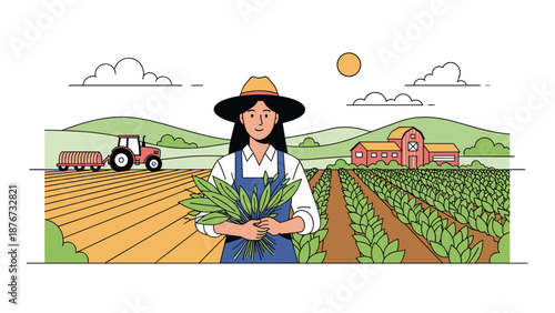 Happy female farmer stands in her vegetable field holding a fresh harvest with a tractor and barn visible in the rural landscape.
