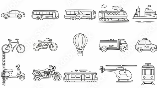 Collection of Hand Drawn Transportation Vehicles and Modes of Travel.