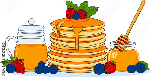 Warm pancakes with fruit and mint

