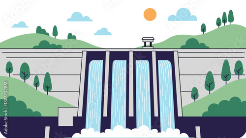 Massive hydroelectric dam releases large volumes of water through its spillways into a river surrounded by green hills and trees.