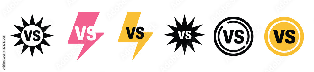 Obraz premium Versus match logo vector set, including 6 vs text designs with starburst effects, lightning bolt accents, circular backgrounds, ideal for gaming tournaments, online competitions, and vector branding 