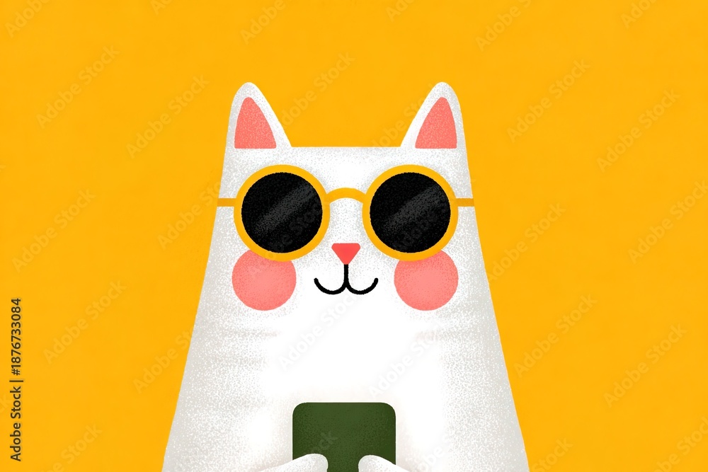 Fototapeta premium Cat wearing sunglasses holds a green object with a bright yellow background during a sunny day