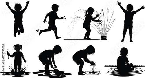 Black silhouette of children playing with water outdoor, happy kids jumping in puddles, splashing garden sprinkler, summer fun activities, childhood joy, wet weather fun.