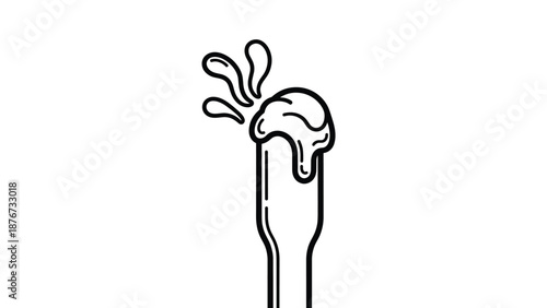 Minimalist black and white line art illustration shows a bottle neck with liquid splashing out representing a beverage or skincare product.